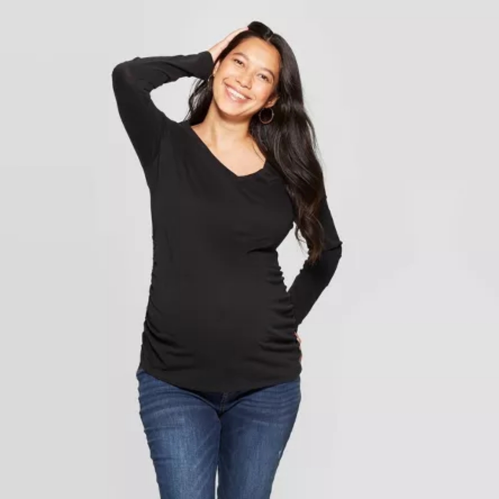 [2for$15] NEW Longsleeve V-Neck Shirred Maternity Top (Black) - Isabel Maternity